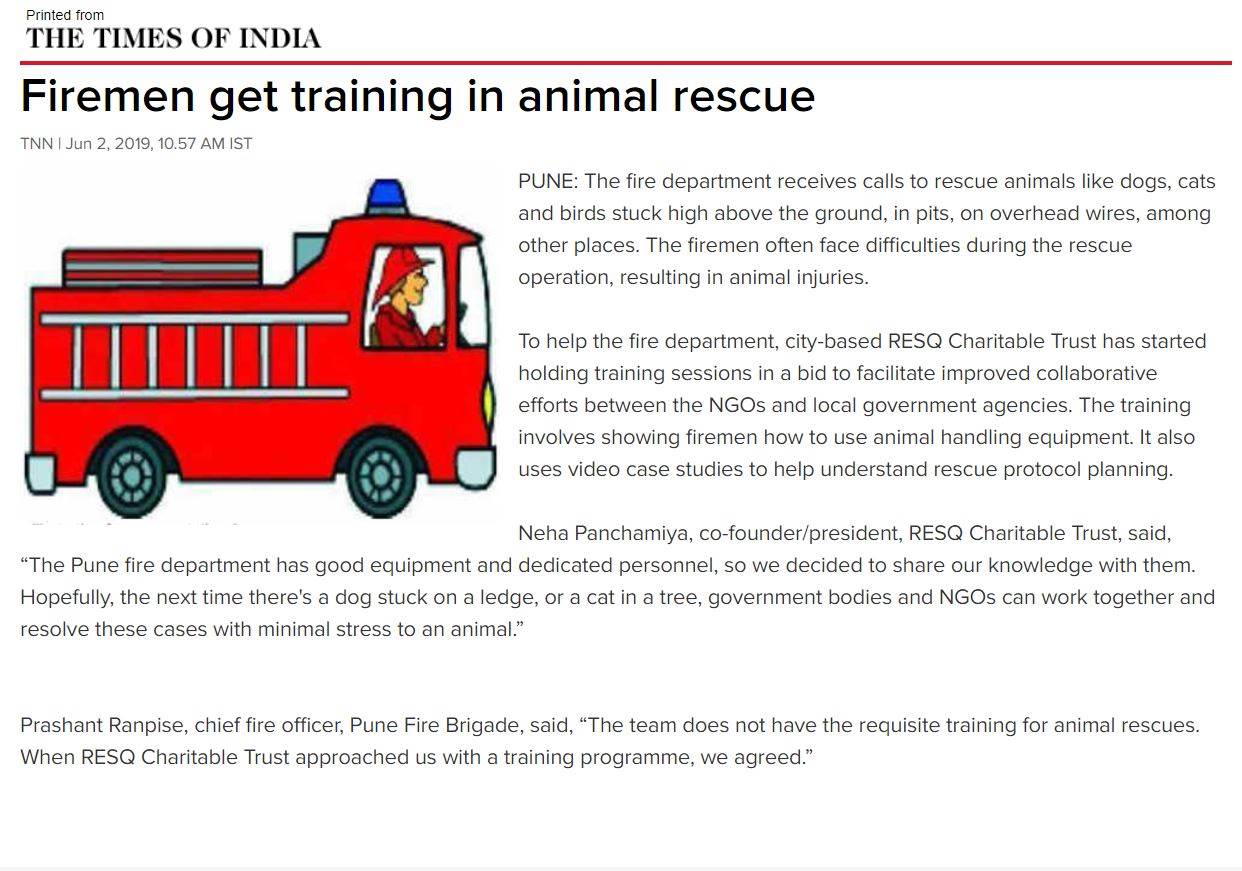 Times of India - Firemen get training in animal rescue - RESQ Charitable  Trust